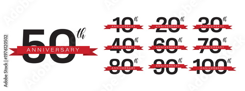 Set of Anniversary Badge Icons with Red Ribbon from 10th to 100th