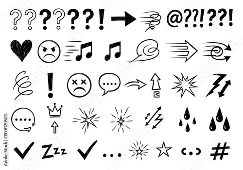 Black and white hand drawn emoticon and symbol icons set for chat and messaging, minimalist vector illustration