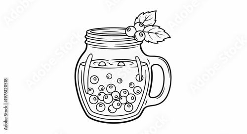 A hand-drawn illustration of a mason jar filled with bubbly beverage and blueberries