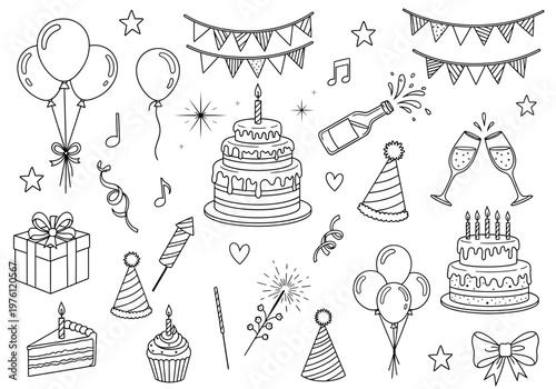 Birthday party celebration icons with cake, balloons and gifts, doodle style vector illustration