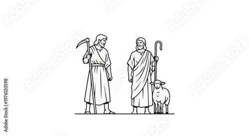 Two men in ancient robes, one holding a scythe, the other a crook, with a sheep