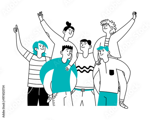 Vector doodle illustration of happy people, friends, men and women. Team. Friendship concept