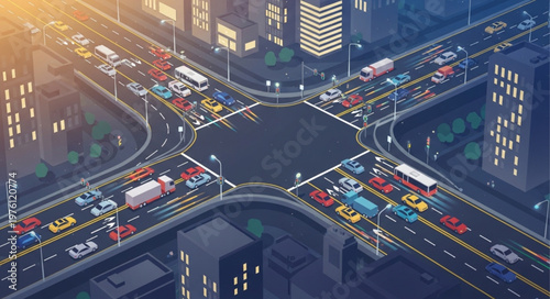 Aerial View of a Busy City Intersection at Night.