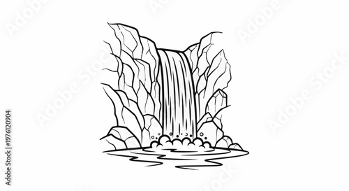 A black and white illustration depicts a cascading waterfall surrounded by jagged rocks