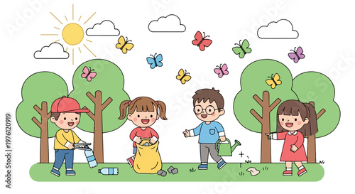 Four cheerful children are cleaning up a sunny park by collecting plastic bottles and litter while butterflies flutter around them.