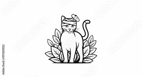 A black and white illustration of a cat with its head bandaged and a bandage on top of its head