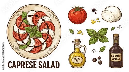 Caprese Salad Vector Illustration with Ingredients: Fresh Tomato, Mozzarella Cheese, Basil Leaves, Olive Oil, and Balsamic Vinegar in Hand-Drawn Sketch Style