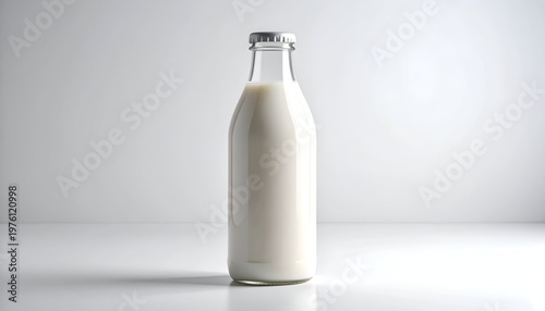 A tall, cylindrical glass bottle, mostly full of a white, opaque liquid, stands on a bright surface. A silver cap seals the top