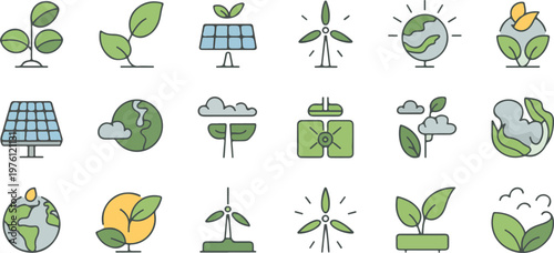 Green energy and nature icons with earth and plants