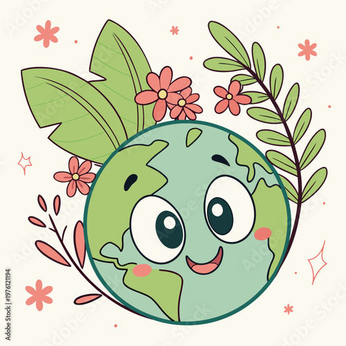 Quadro em tela Friendly earth globe cartoon with rosy cheeks and wide eyes framed by large tropical leaves and pink blossoms for environmental protection posters