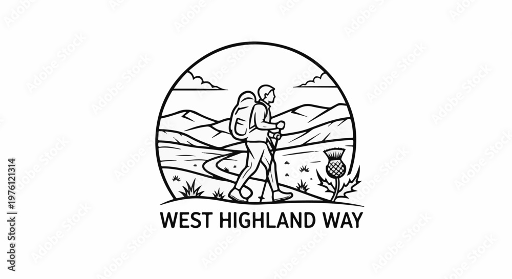Fototapeta premium A hiker with a backpack and poles walks through a scenic landscape