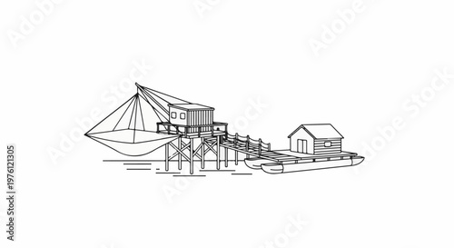 A fishing platform with a net and a house on a pontoon