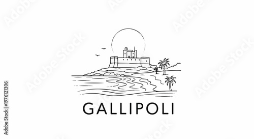 A hand-drawn coastal scene depicts a castle on a hill, with palm trees and the sea