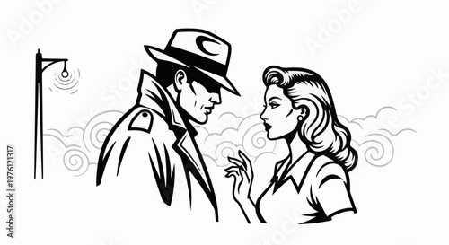 A noir-style illustration of a detective meeting a glamorous woman at night