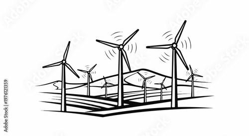 A sketch of multiple wind turbines on rolling hills under a breezy sky