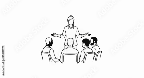 A woman addresses a circle of seated individuals in a simple outline drawing