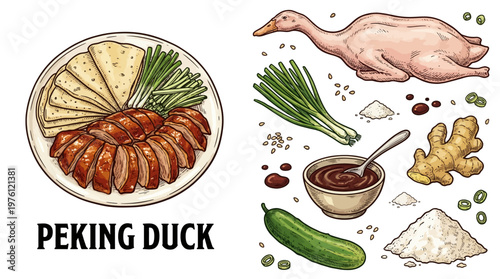 Traditional Peking Duck Set Illustration with Ingredients and Served Plate, Chinese Cuisine Vector Art