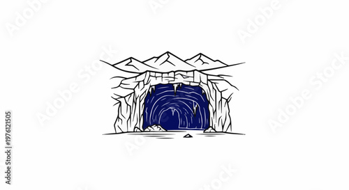 Dark cave entrance with icy formations and distant mountains
