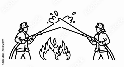 Two firefighters spray water on a fire with hoses