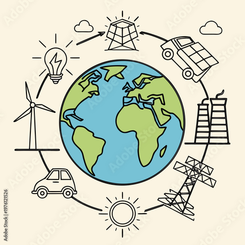 Eco friendly world concept with green energy icons including wind turbine solar power plant electric car and transmission tower around earth globe.