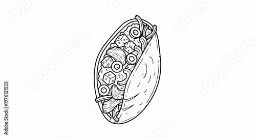 Detailed black and white drawing of a taco filled with various toppings including dice and olives