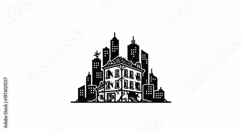 Dilapidated building in a city skyline silhouette