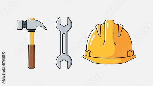 Flat Design Construction Equipment Including Hammer, Wrench, and Hardhat Illustration