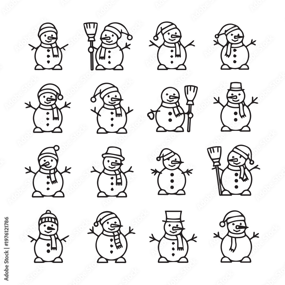 Obraz premium Cute snowman collection with hats and brooms in simple line art style