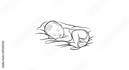 Line art of a peaceful newborn baby sleeping on its side