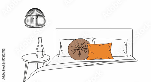 A clean line drawing of a cozy bedroom scene with a bed, pillows, lamp, and vase