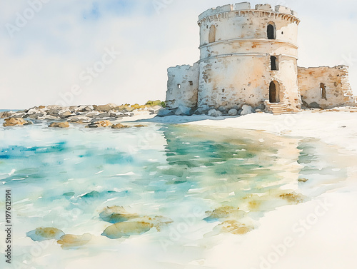 Minimalist watercolor of a Sardinian coastal tower.