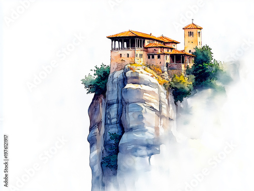 watercolor painting of a historic monastery perched on a rocky pillar in Meteora