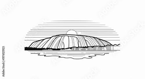 Stylized illustration of a large rock formation at sunset with surrounding horizontal lines