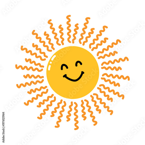 Happy sun with wavy rays illustration. Bright summer cartoon sun icon with smiling face