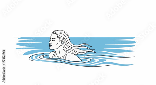 Stylized line art of a woman with eyes closed, swimming in blue water