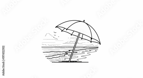 A black and white line drawing of a beach scene with an umbrella