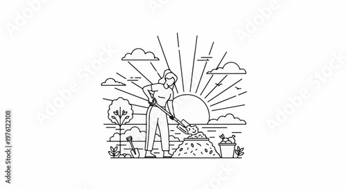 Woman digging in garden with sun and clouds