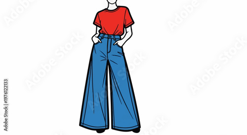 Woman in red shirt and blue wide-leg jeans, hands in pockets