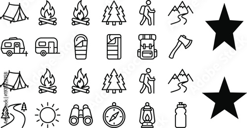 Camping and Outdoor Adventure Icon Set with Tent, Campfire, Hiking, Mountains and Travel Symbols for Nature and Exploration Design
