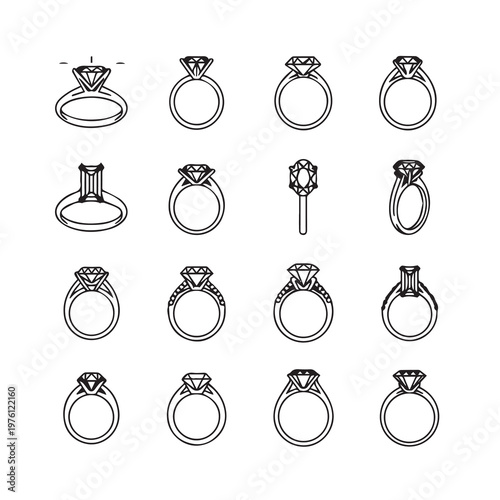 Diamond Ring Designs with Various Settings and Cuts in Minimalist Line Art Style