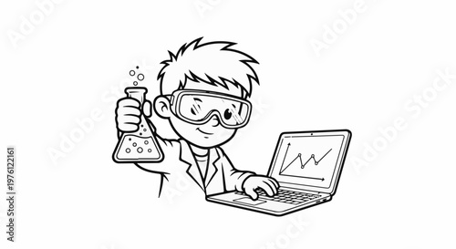 Young scientist in goggles holds flask, types on laptop displaying graph
