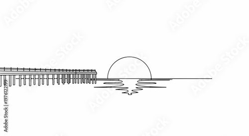 A simplistic line drawing depicts a pier extending from the left, meeting a horizon with a sun