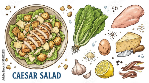 Vintage hand-drawn vector illustration of Caesar salad with grilled chicken breast, romaine lettuce, parmesan, croutons, garlic, lemon, and egg on a black background.
