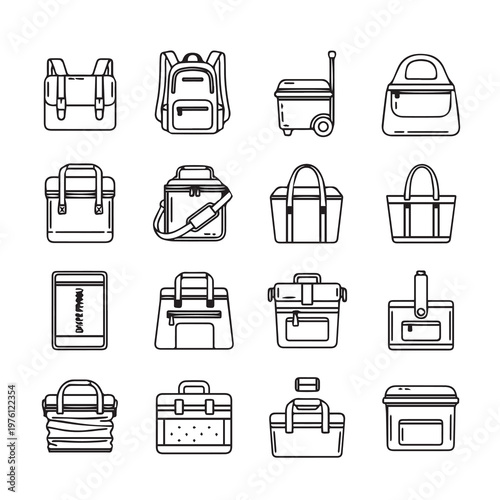 Diverse Backpacks and Coolers Icons Collection Minimalist Outline Style Isolated on White Background