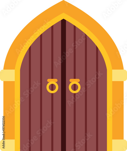 Arched wooden door with a golden frame and circular knocker handles, isolated on white
