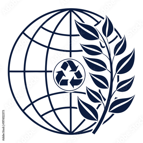 Global recycling with olive branch icon symbolizing environmental sustainability and peace vector illustration on white background.