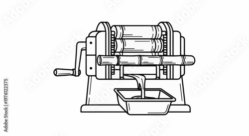 A line art illustration of a manual dough or pasta maker with rollers