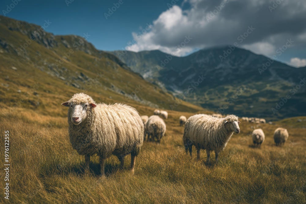 Obraz premium Grazing sheep in mountain meadow under blue sky with clouds and green hills in the background
