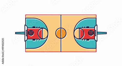 Top-down view of a stylized basketball court with colorful markings and goals
