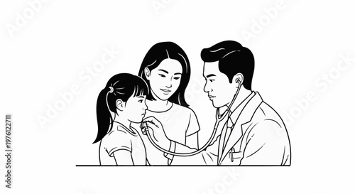 A doctor examines a child with a stethoscope, a woman watches